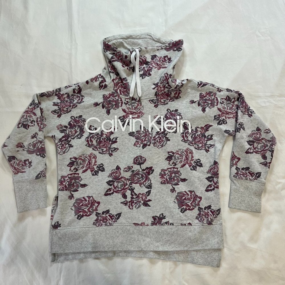 Calvin Klein Light Gray Purple Floral Print Cowelneck Cropped Sweater | Size S